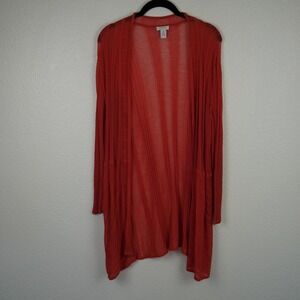 Chicos Orange Open Front Cardigan Sweater Long Sleeve Lightweight Knit Size 3 XL